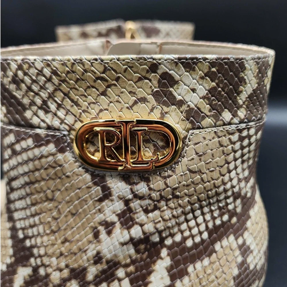 Lauren Ralph Lauren Boots Women 8B Tan Snakeskin Print LRL Logo Ankle‎ Booties